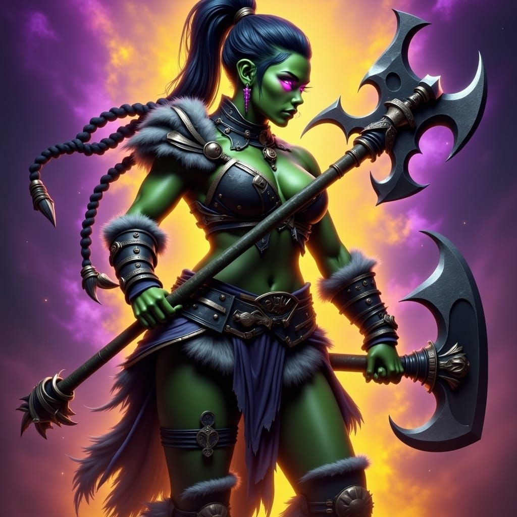 An Orc female. Her lower jaw tusks are sticking out over her...