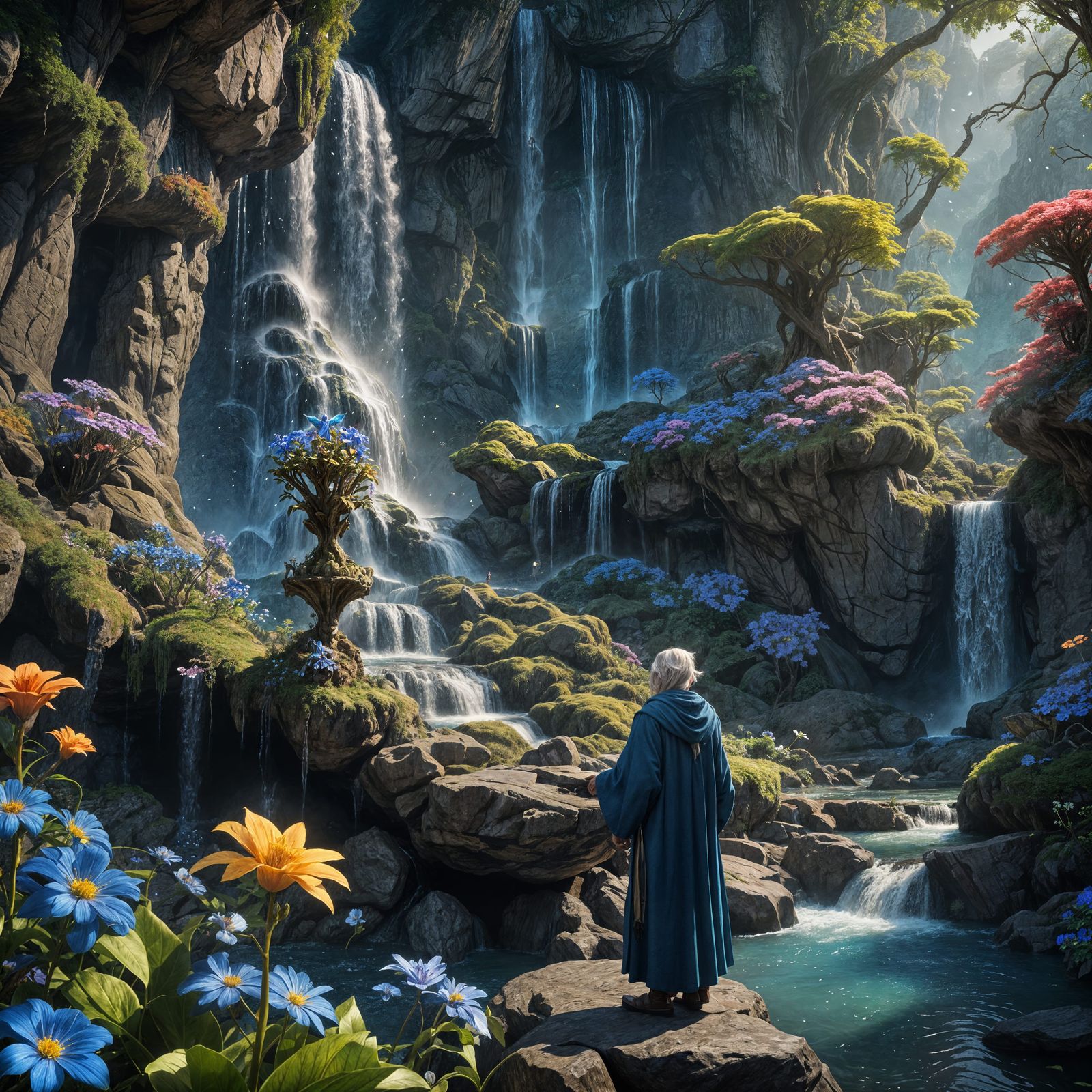 Elf Guarding Magical Flower Waterfall: Fantasy Concept Art