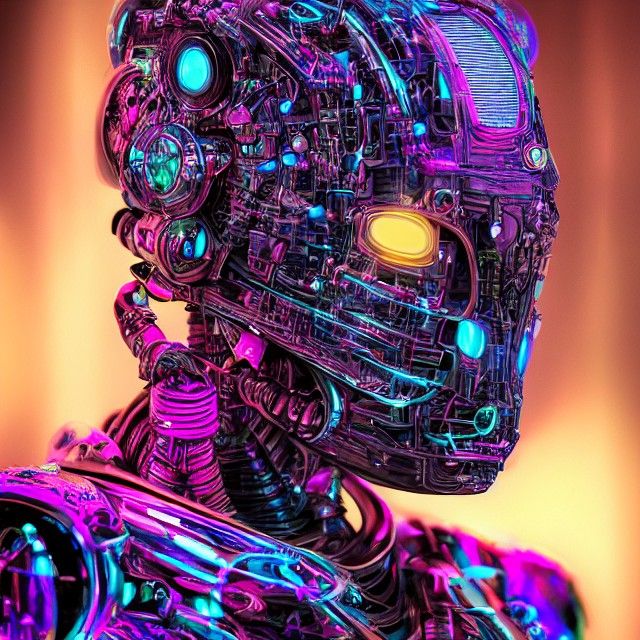 Detailed Neon Robot Portrait in Cyberpunk Style
