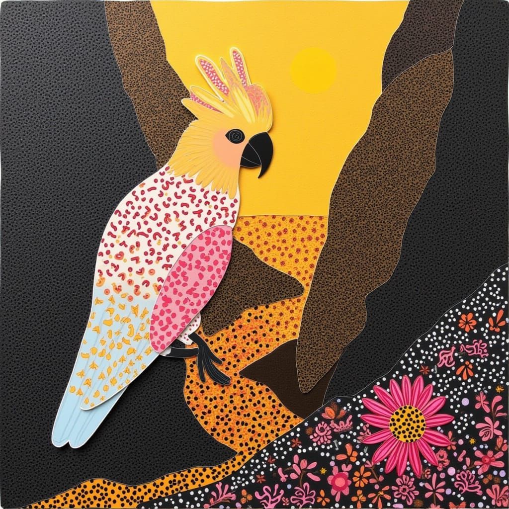 Surreal Cockatoo Amidst Luminous Floral and Lava Sunset
