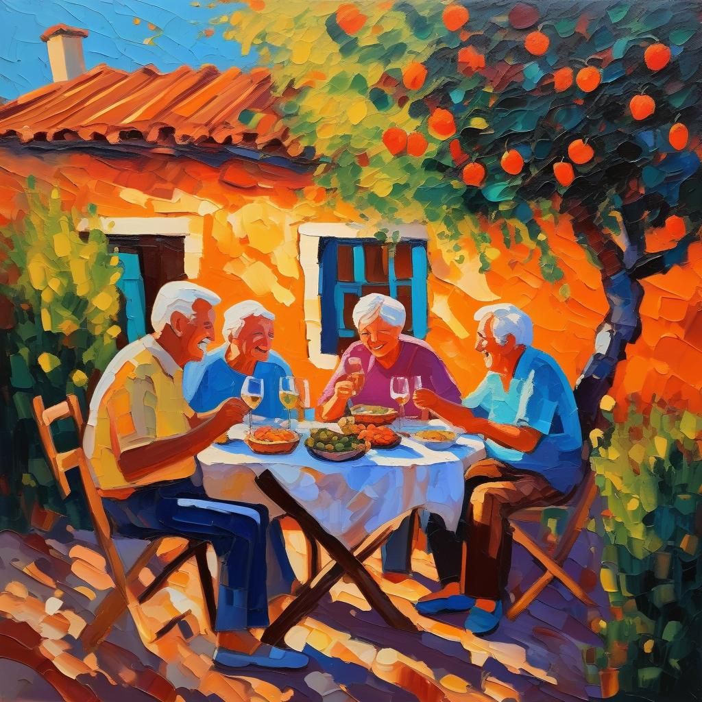 Greek Family Feast as Impressionist Oil Painting
