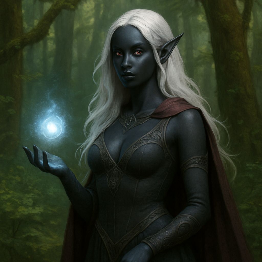 Dark Elf Sorceress with White Hair in the Woods