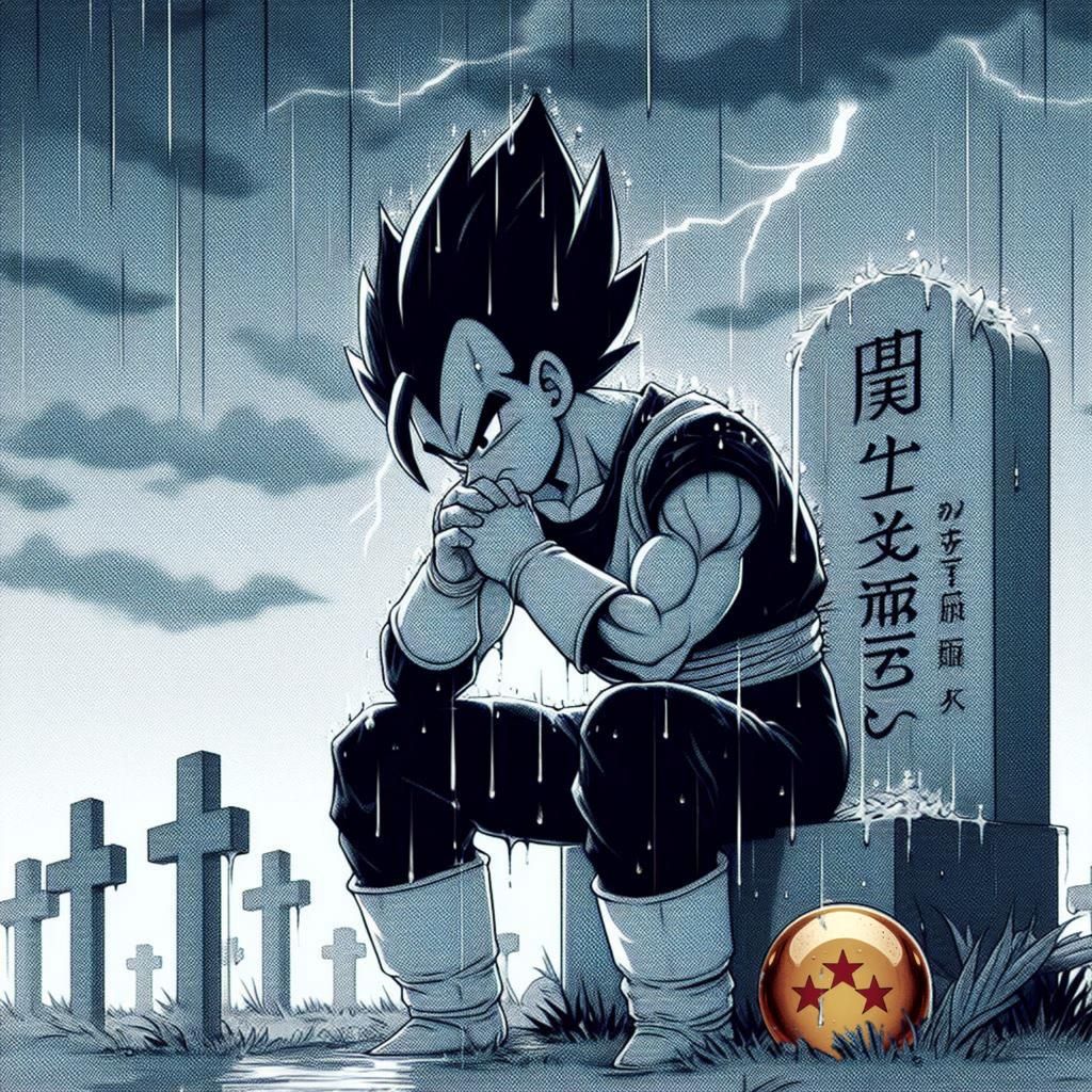 Vegeta from dragonball manga mourning in front of the grave of Akira toryiama, ligth grey tone with uv_reactive_colour f...