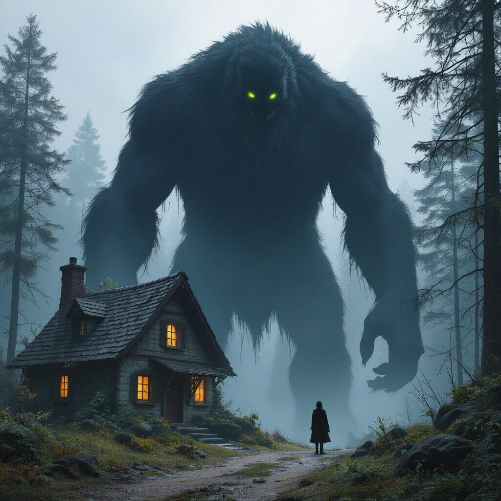 Giant Black Monster Beside Cottage in Misty Forest