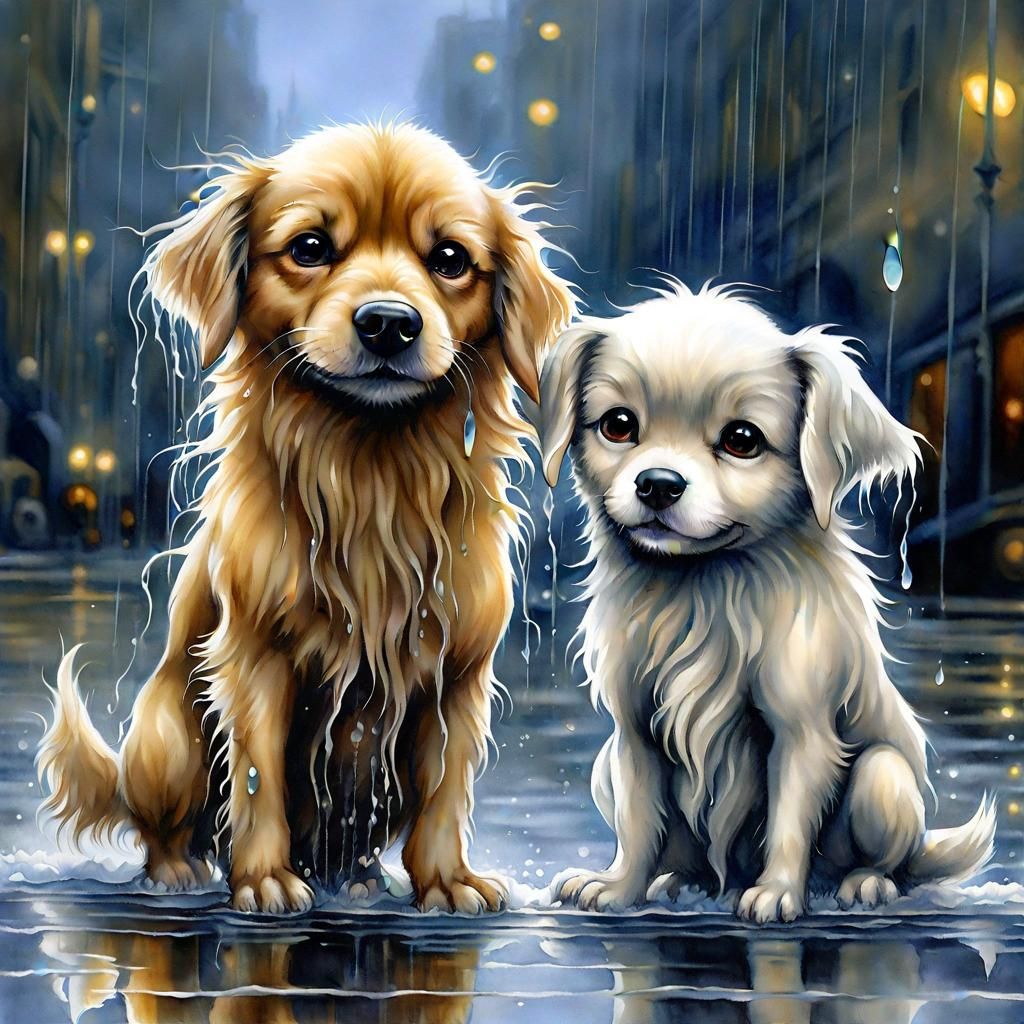 Cute Wet Dogs in Rainy Watercolor Art