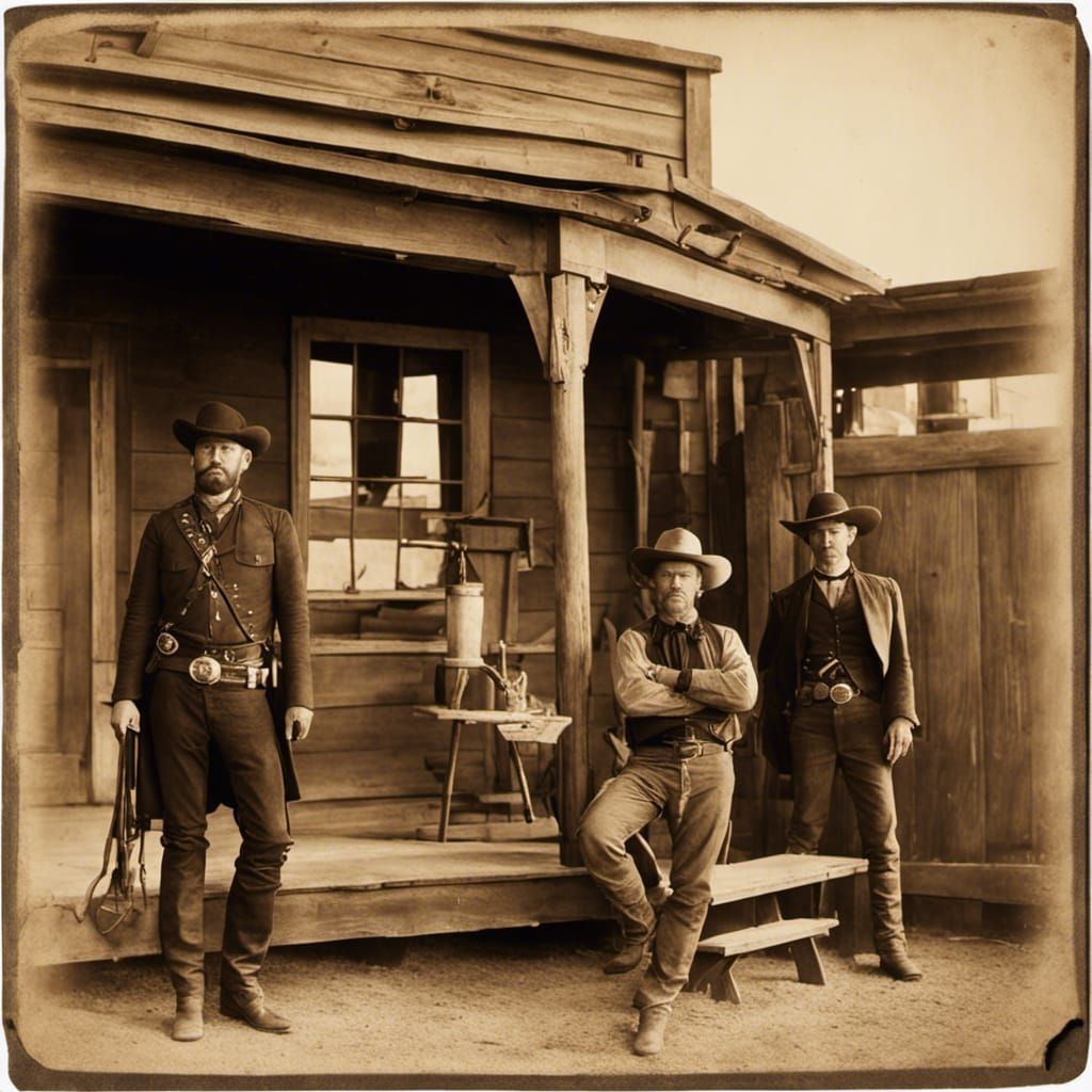 Sheriff and Outlaw at Gallows in Sepia Toned Western Town