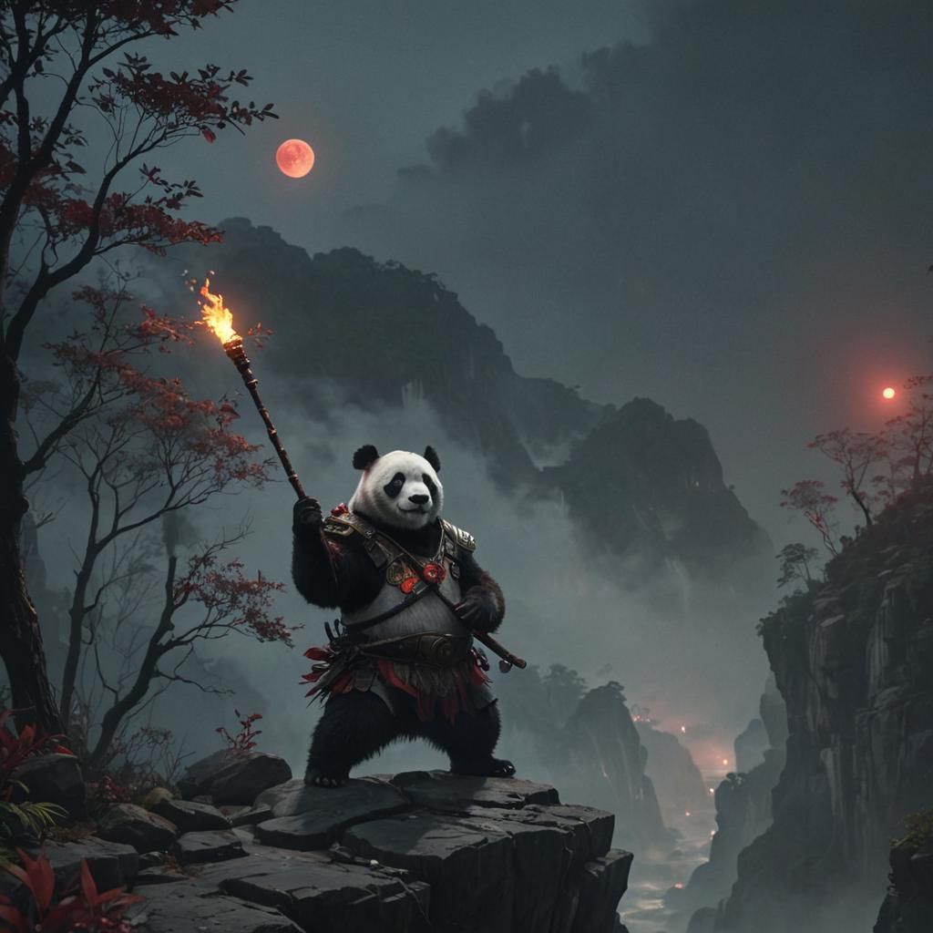 Panda King on Cliff Overlooking River: 3D Game Art