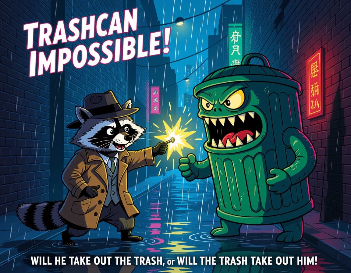 Raccoon Spy vs Trashcan Monster in Film Noir