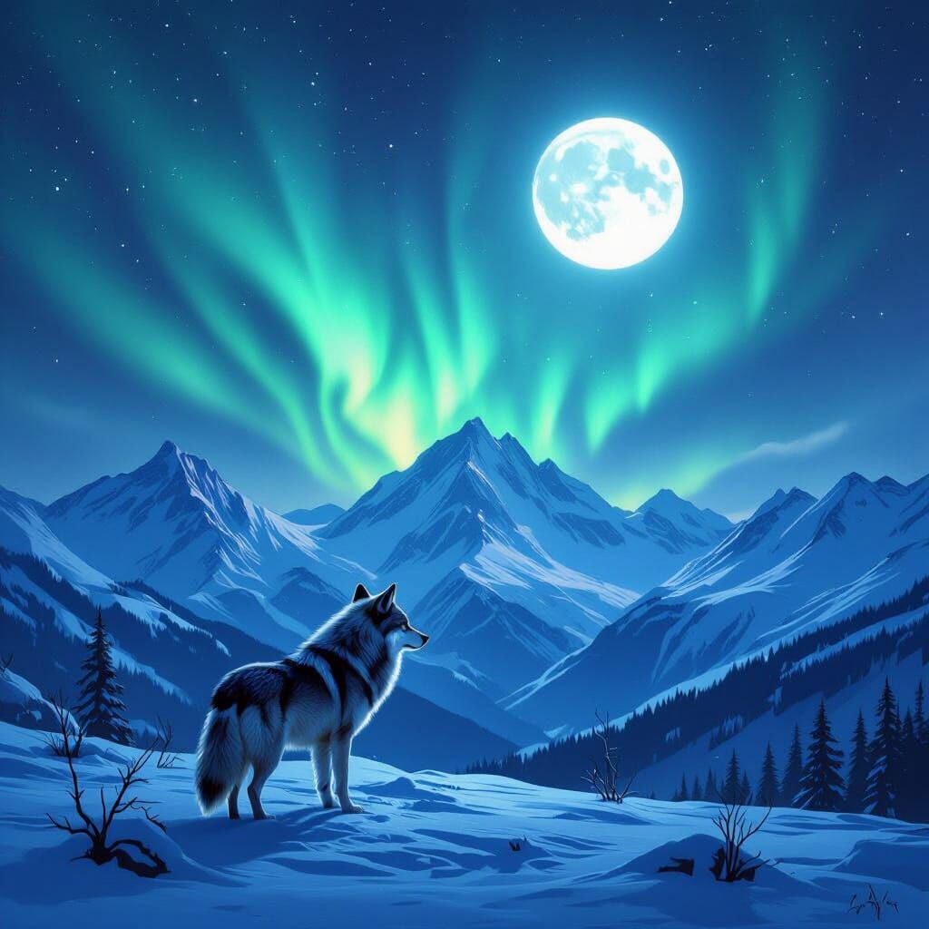 Wolf Under Aurora Borealis and Moonlit Mountains