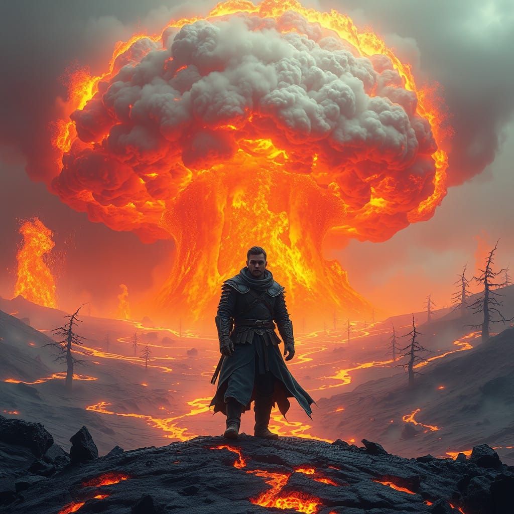 Surreal Scene in a Volcanic Wasteland with a Figure Standing...