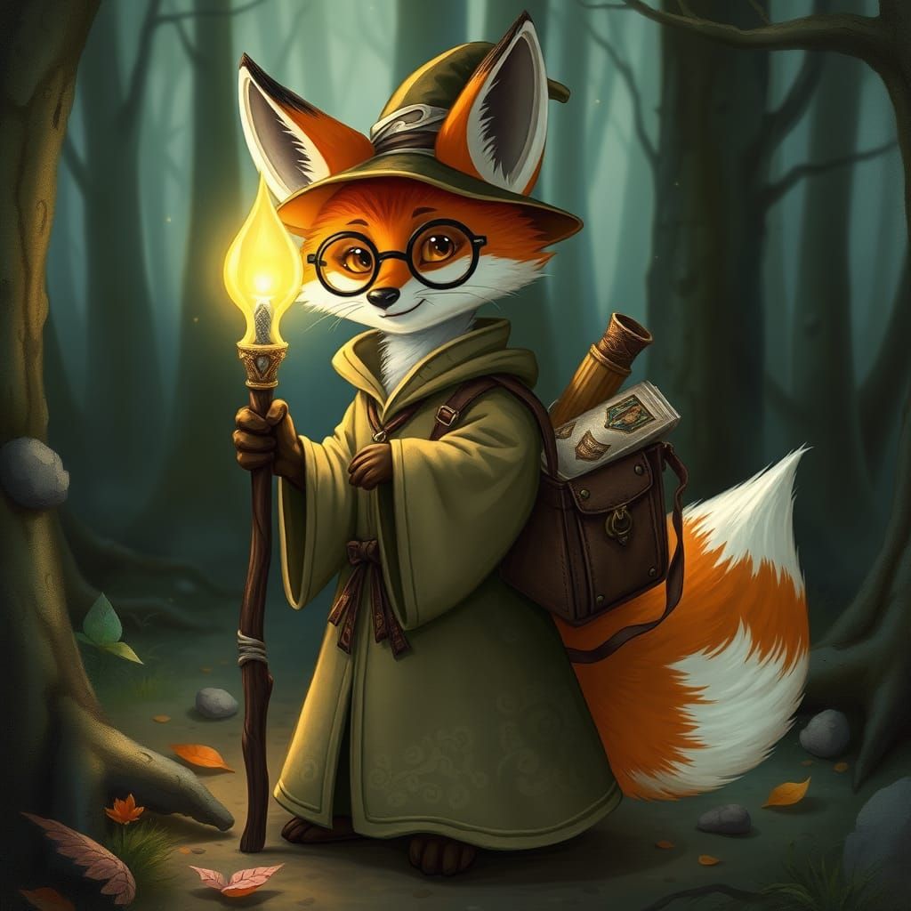 Enchanting Fox Wizard with Glowing Staff in Mystical Forest