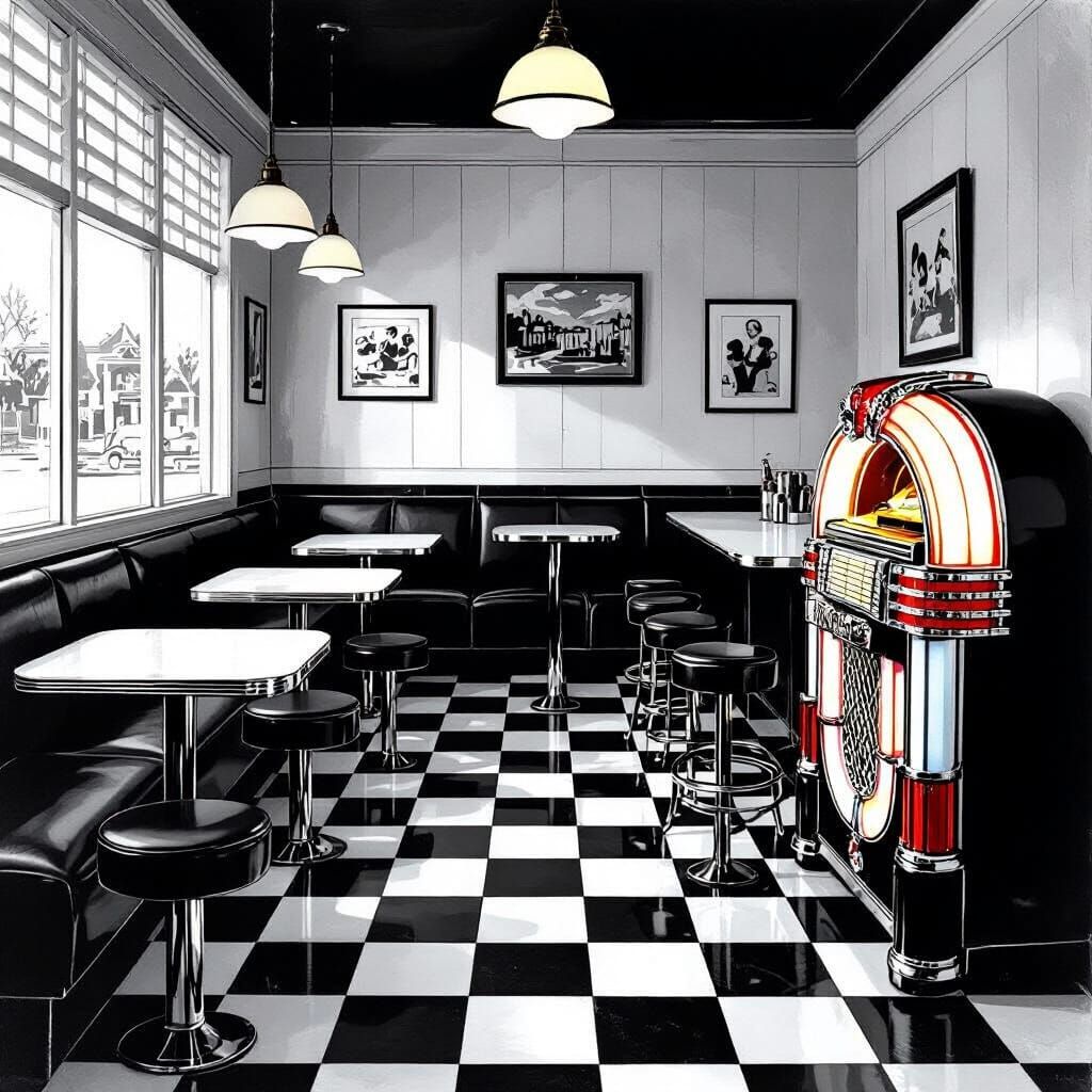 Nostalgic 1950s Milkshake Shop in Black and White