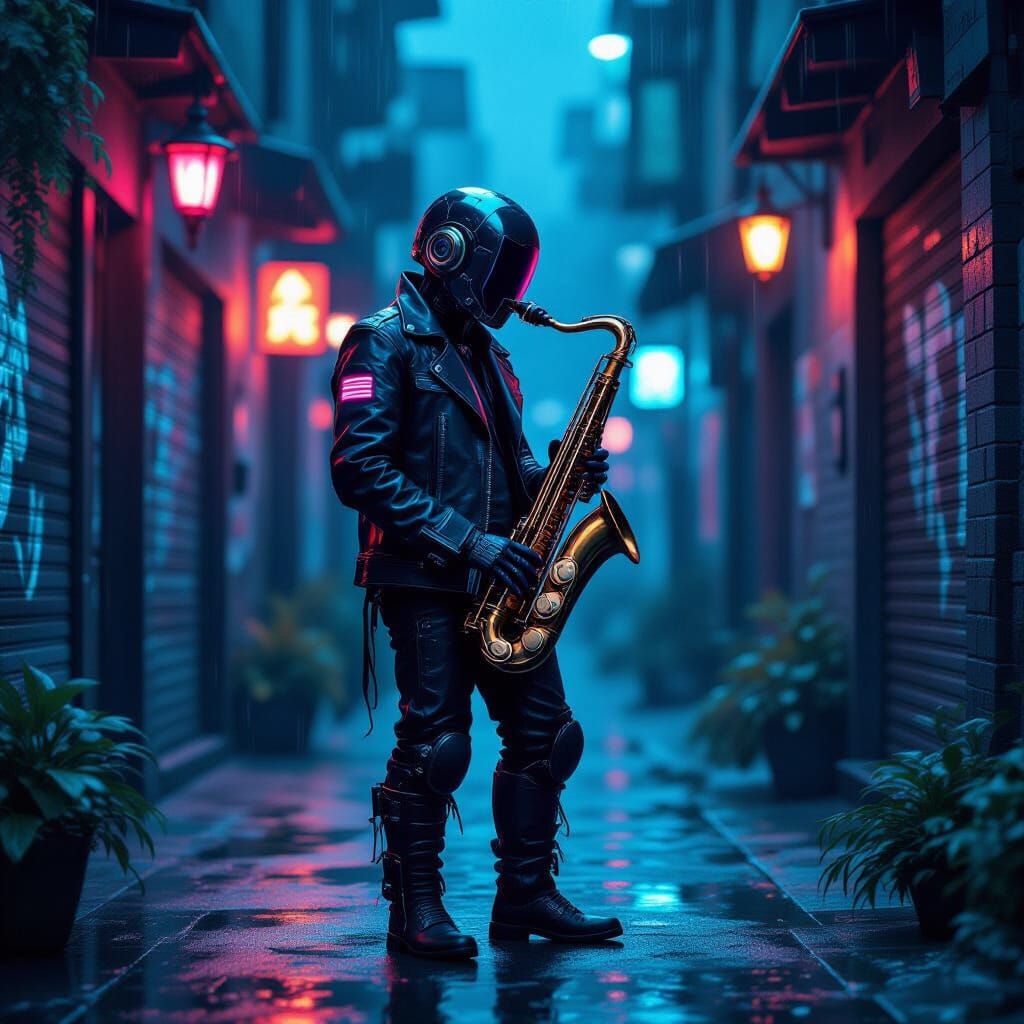 Robot Street Performer in Cyberpunk and Romantic Style