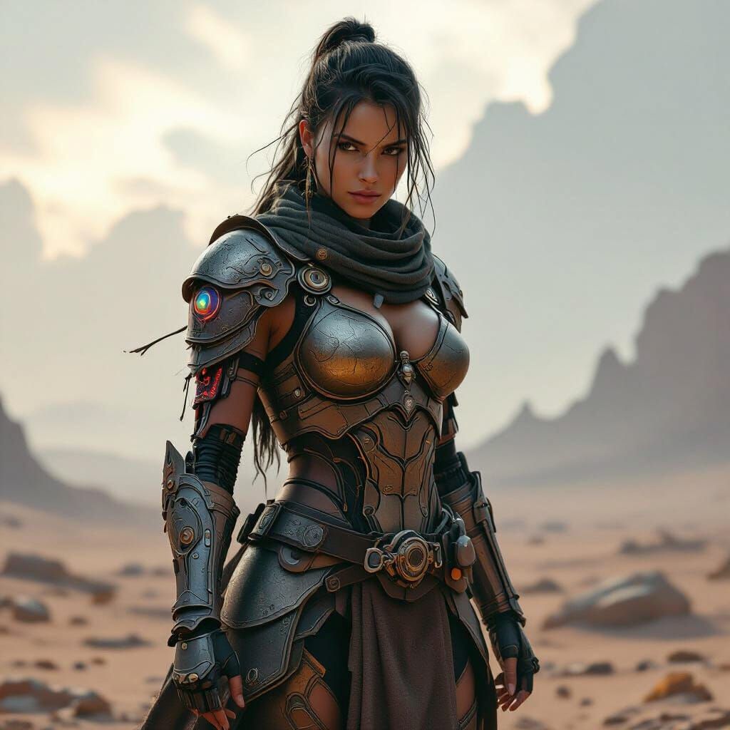 Female Warrior on Alien Planet, Ancient Armor with Cyberneti...