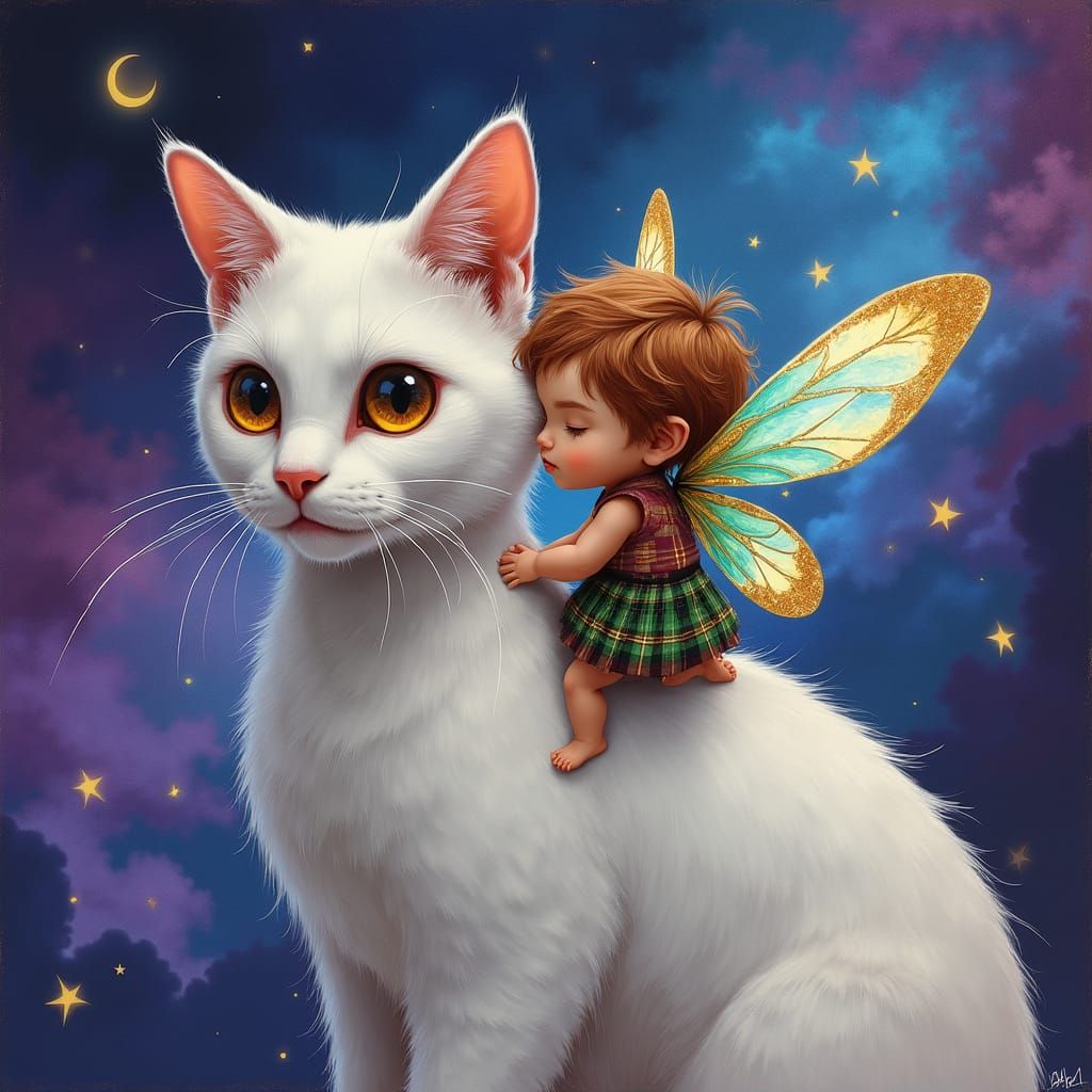 Fairy Riding a Cat in Cosmic Dreamscape
