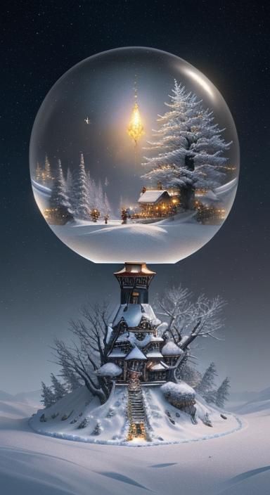 Miniature Christmas Scene with Bonsai Tree in Snow Globe
