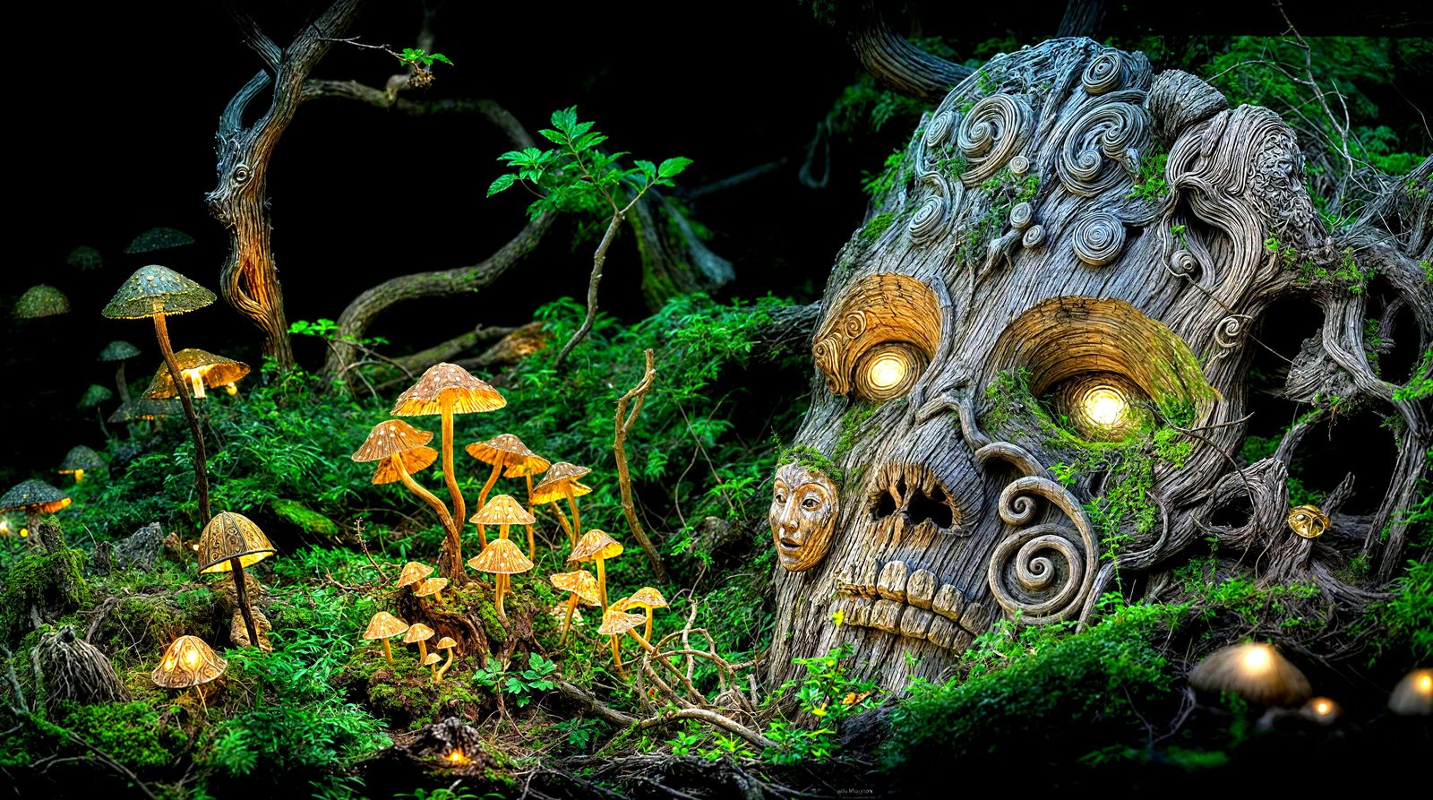 Ancient Wooden Mask in Enchanted Forest Glow