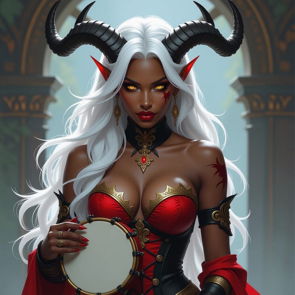 Majestic Dark-Skinned Tiefling with Frame Drum