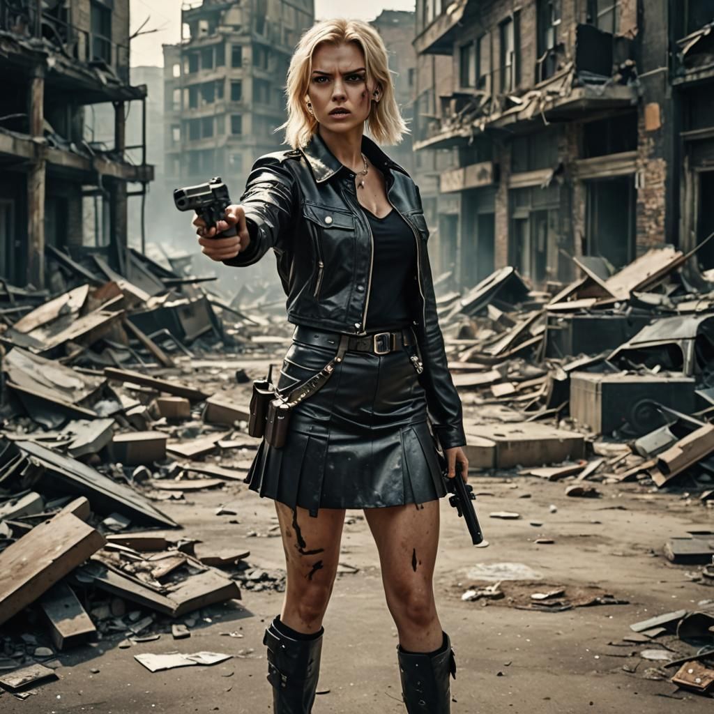 Furious Woman in Post-Apocalyptic City, Cinematic Style