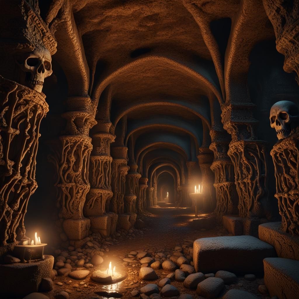 Detailed Catacombs Concept Art in Dark Fantasy Style