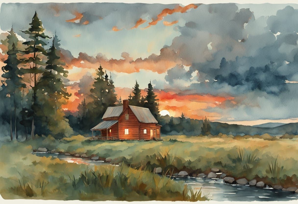 Cabin in Meadow at Sunset: Watercolor Painting