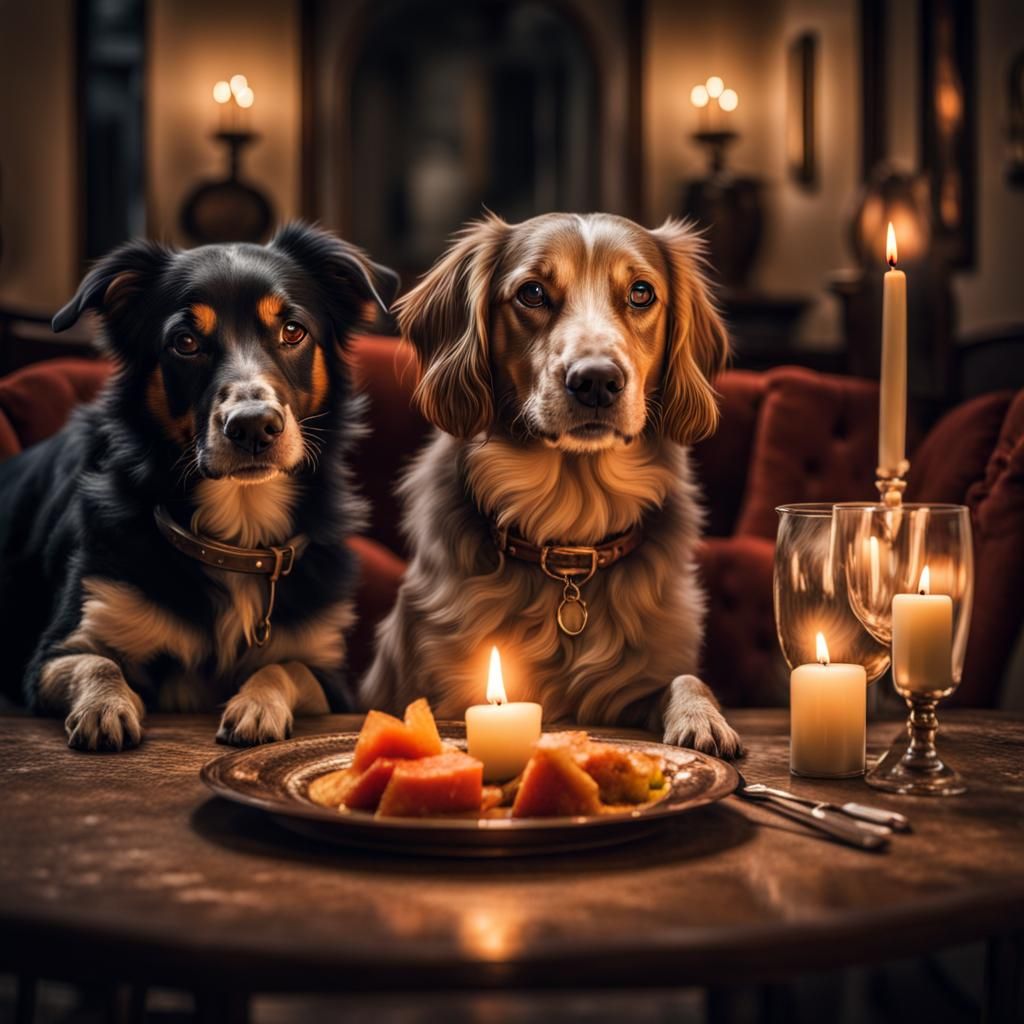 Dogs' Candlelit Dinner: Hyperrealistic 64 Megapixel Image