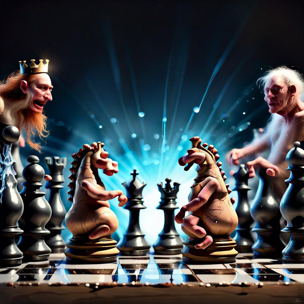 Reflective Chess Game with Fireflies and Mountains