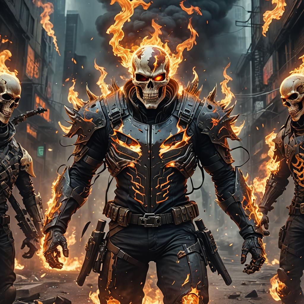 Sci-Fi Soldier with Flaming Skull in Dystopian Anime Style