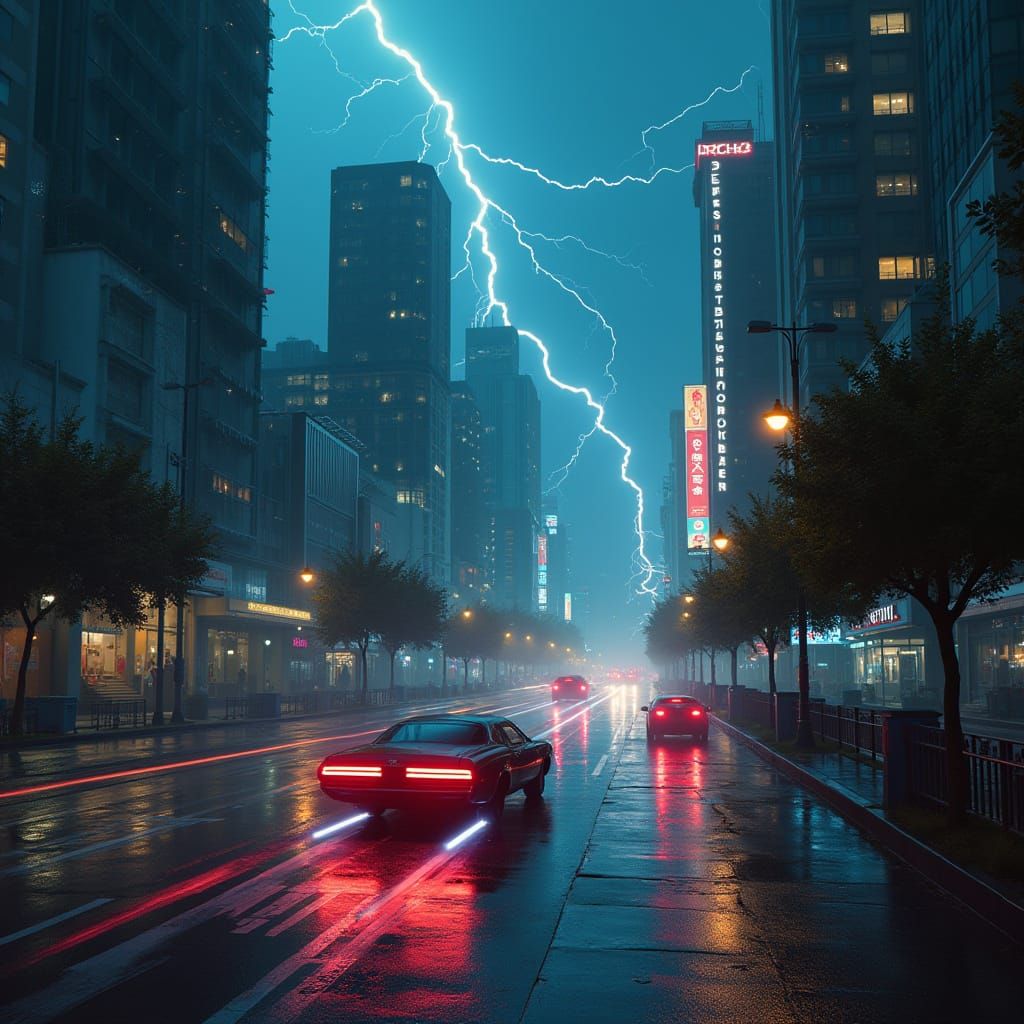 Cyberpunk Cityscape in Electric Storm