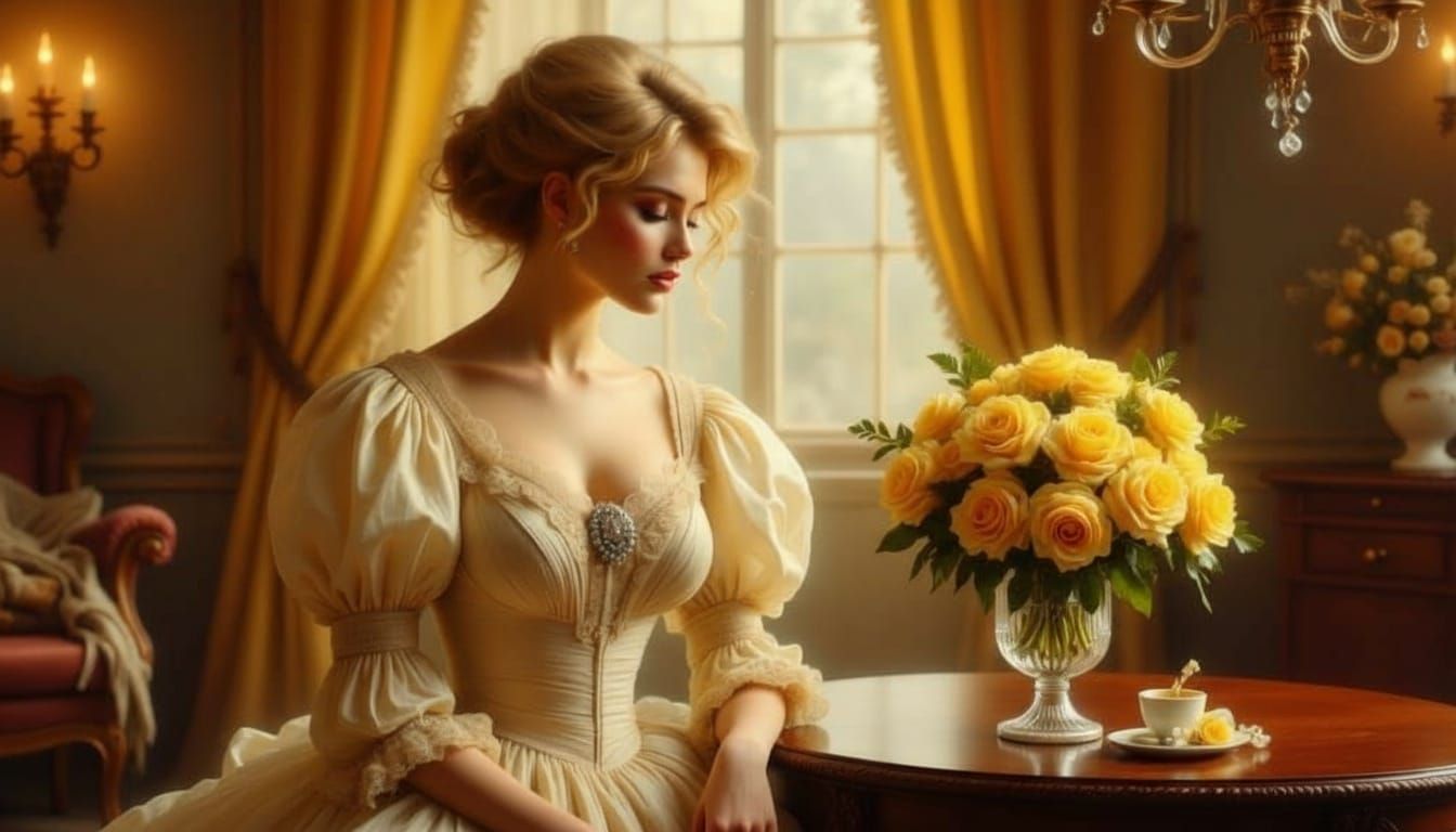 Victorian Woman Arranges Yellow Roses in Golden Parlor