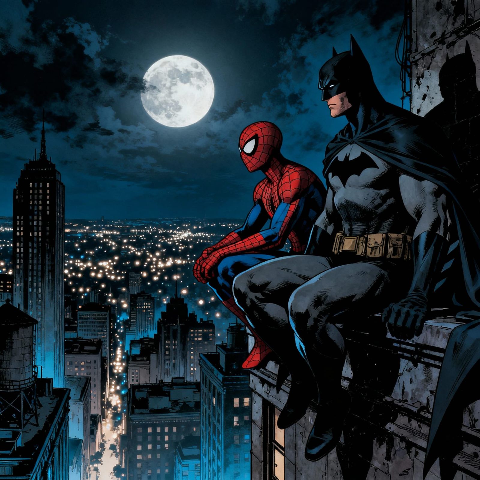 Batman and Spider-Man Survey Night Cityscape