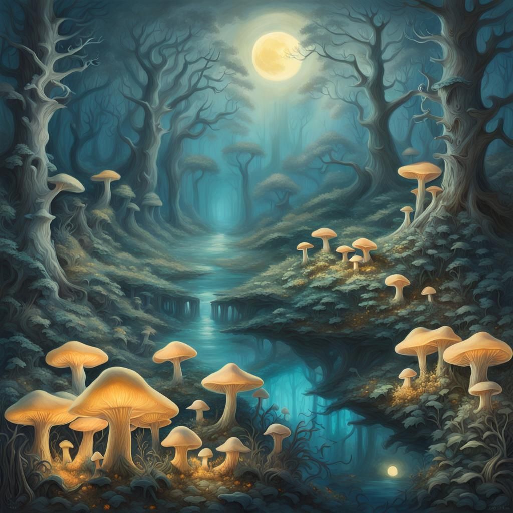 Mystical Mushroom Forest in Moonlight: Fantasy Landscape Art