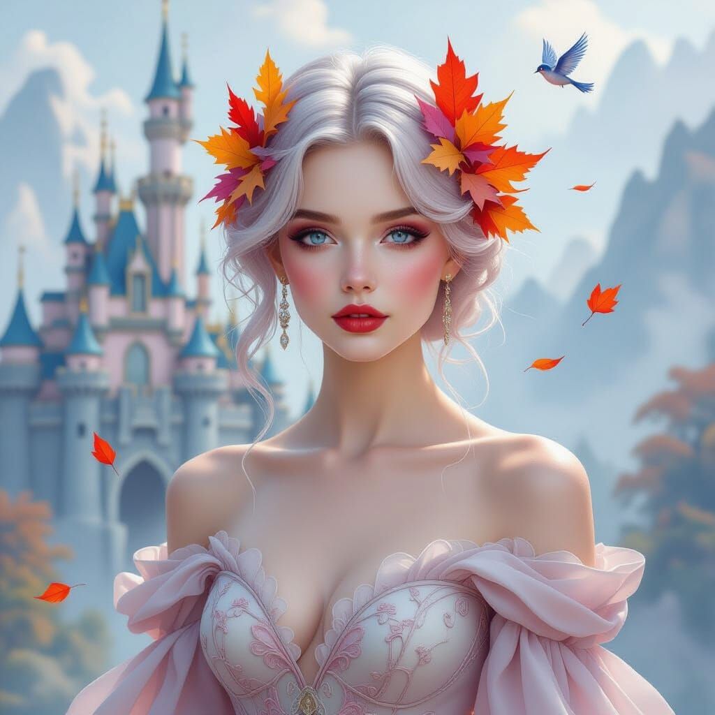 Ethereal Woman with Autumn Leaves in Hair, Digital Painting