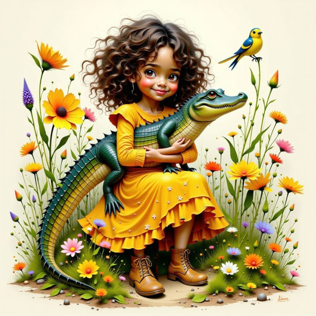 Girl Cradles Alligator in Whimsical Dreamlike Style