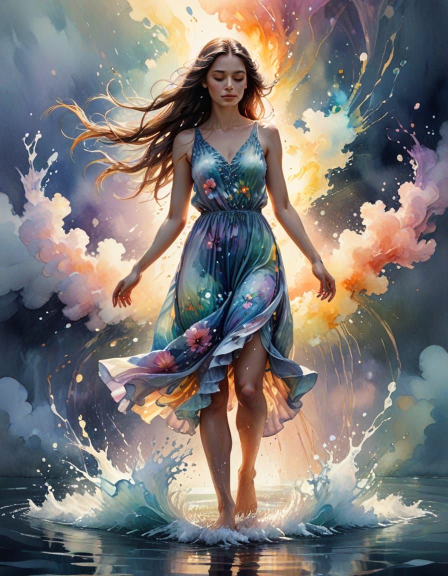 Girl in Rainbow Splash Art Watercolor Illustration