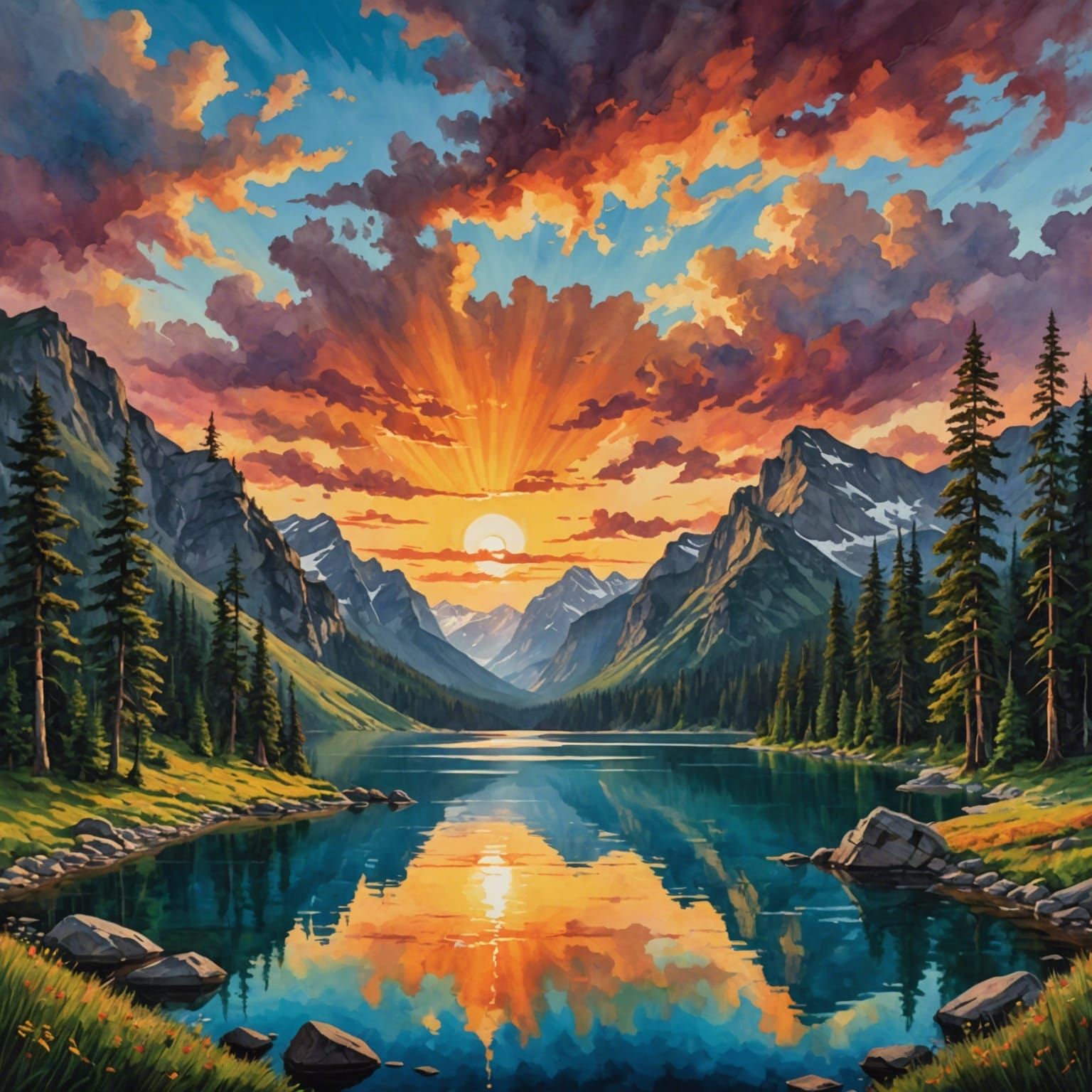 Colorful Sunset Over Mountain Lake, Gouache Style