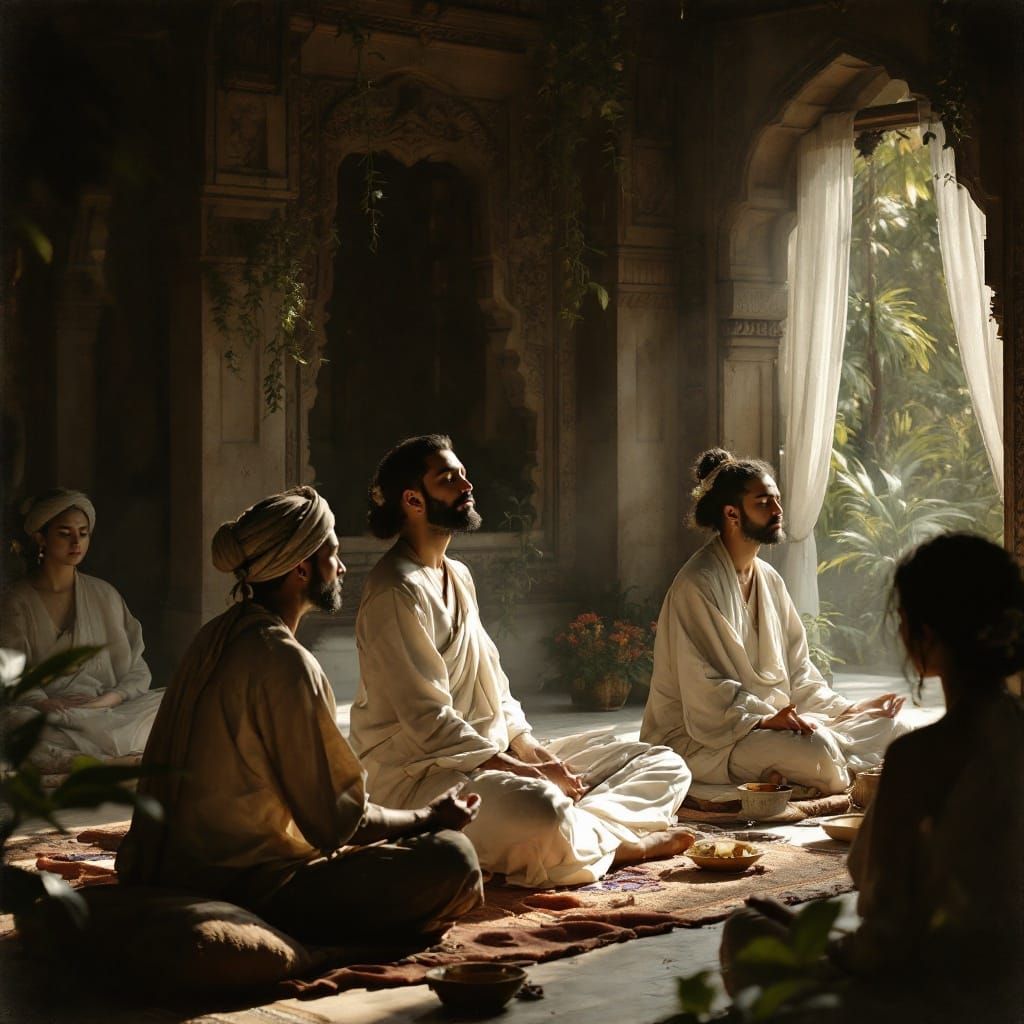 Meditative Figures in an Ashram, Softly Lit