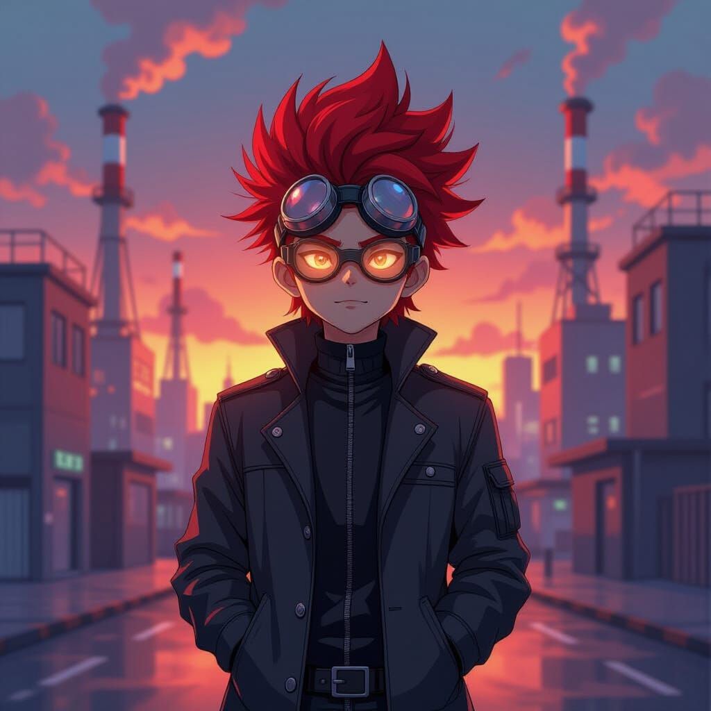 Anime Boy Vee in Industrial Cityscape Portrait