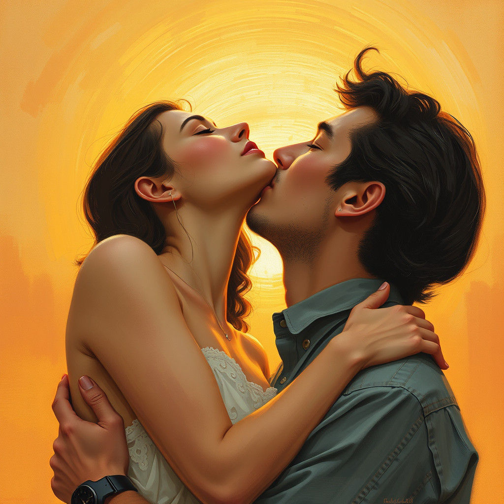 Romantic Couple in Golden Sunset Embrace