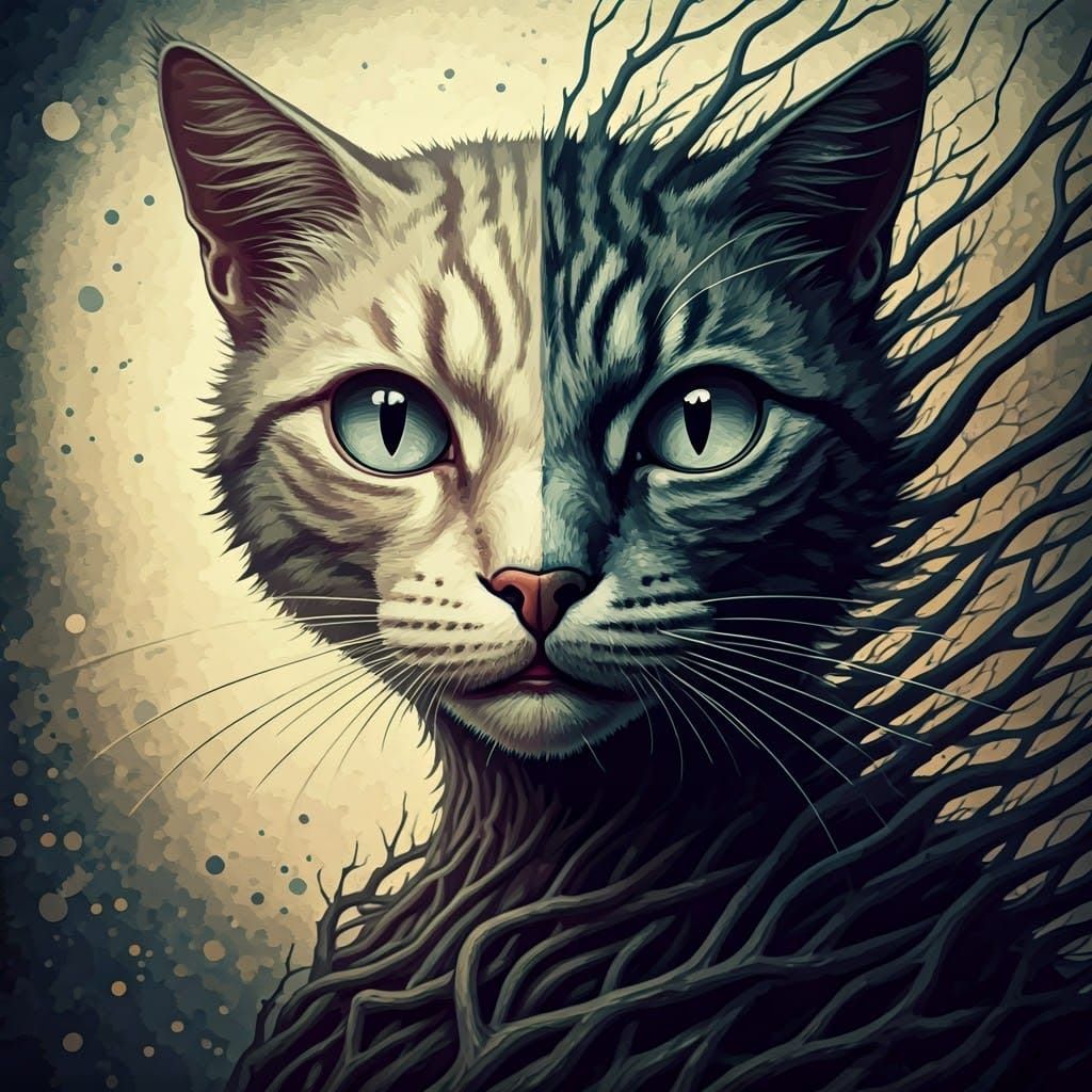 Whimsical Watercolor Cat with Twisted Branches