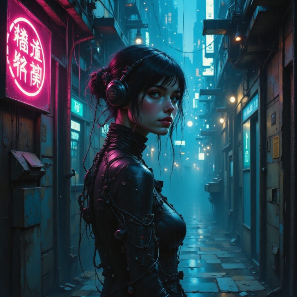 Cyborg in Neon Alleyway, Steampunk Noir Style