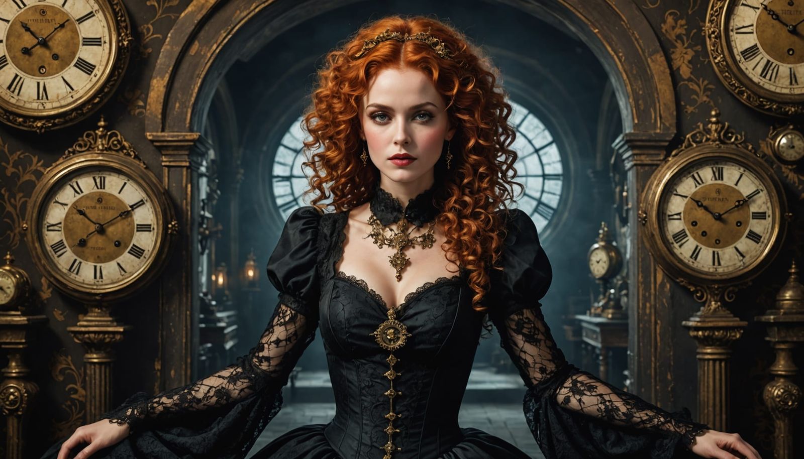 Enchanting Woman with Antique Clocks, Gothic Fantasy