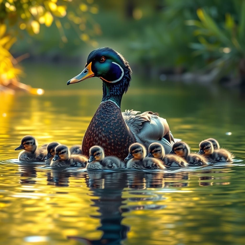 Duck Family Glides Down River in Sunlight