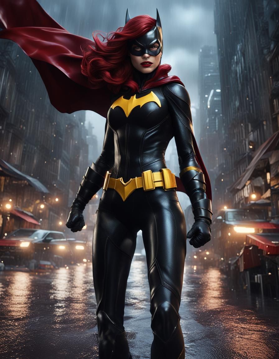 Batgirl Superhero Figure in Rainy Cityscape
