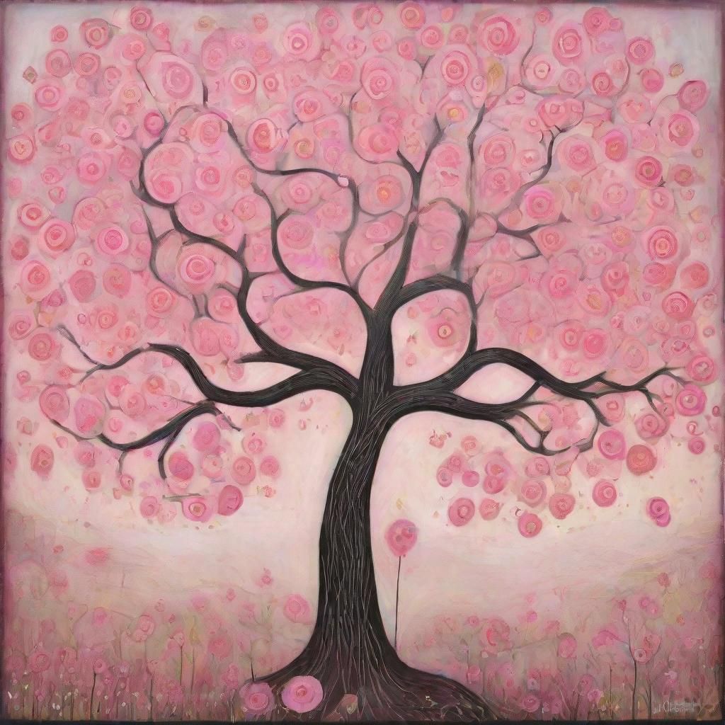 Blooming Pink Tree in Art Brut Style