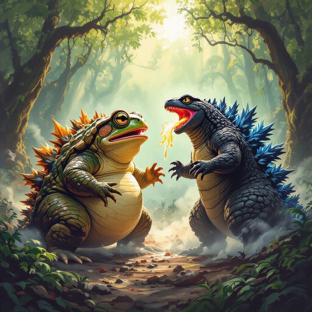 Giant Toad vs Godzilla Epic Forest Battle Painting