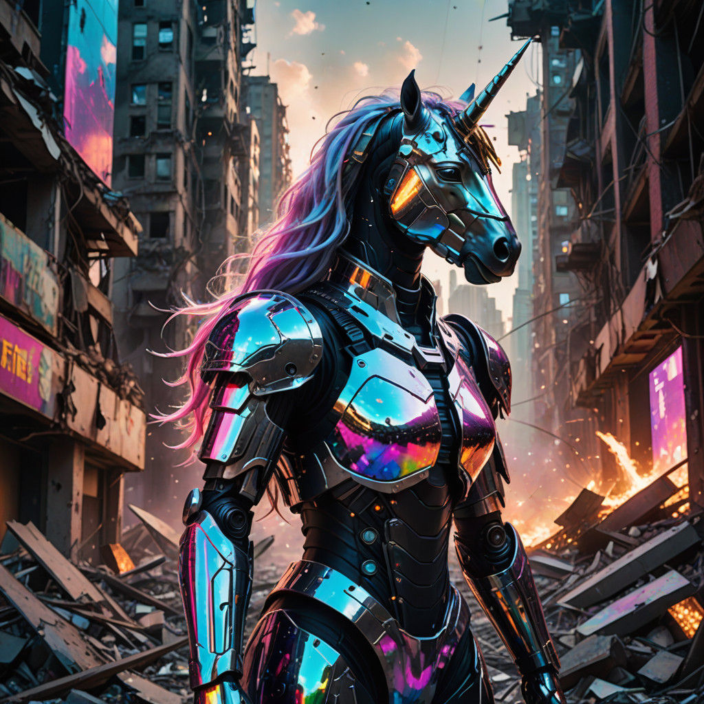 Glowing Cybernetic Unicorn in Ruins