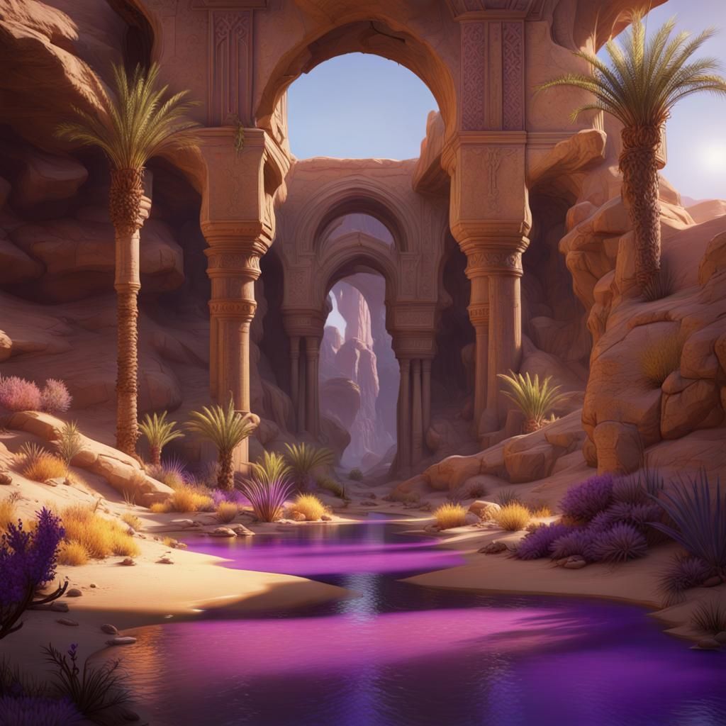 photo-realistic desert Oasis a masterpiece, 8k resolution, dark fantasy concept art, by Greg Rutkowski, dynamic lighting...
