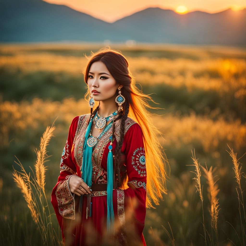 Kazakh Girl in Grassland at Sunset
