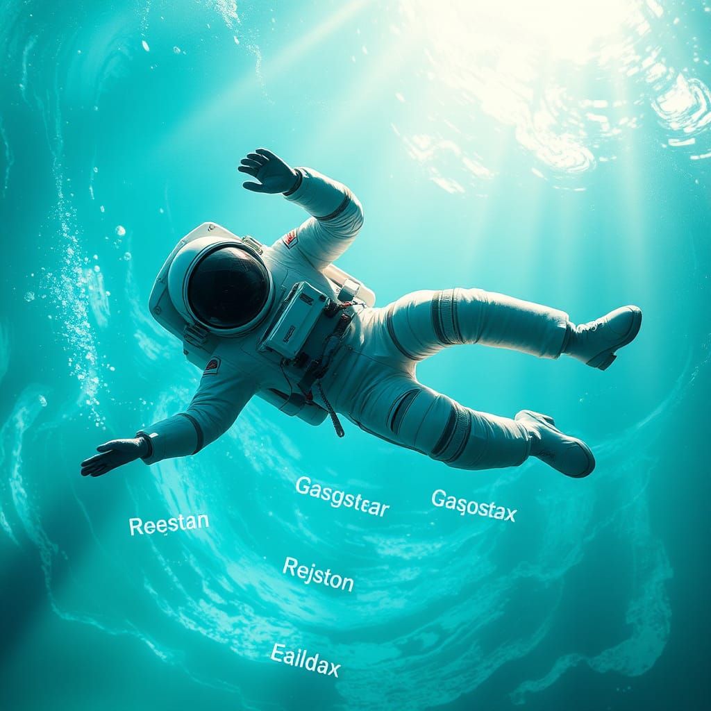 Astronaut Falling Through Turquoise Water in Dreamlike Scene